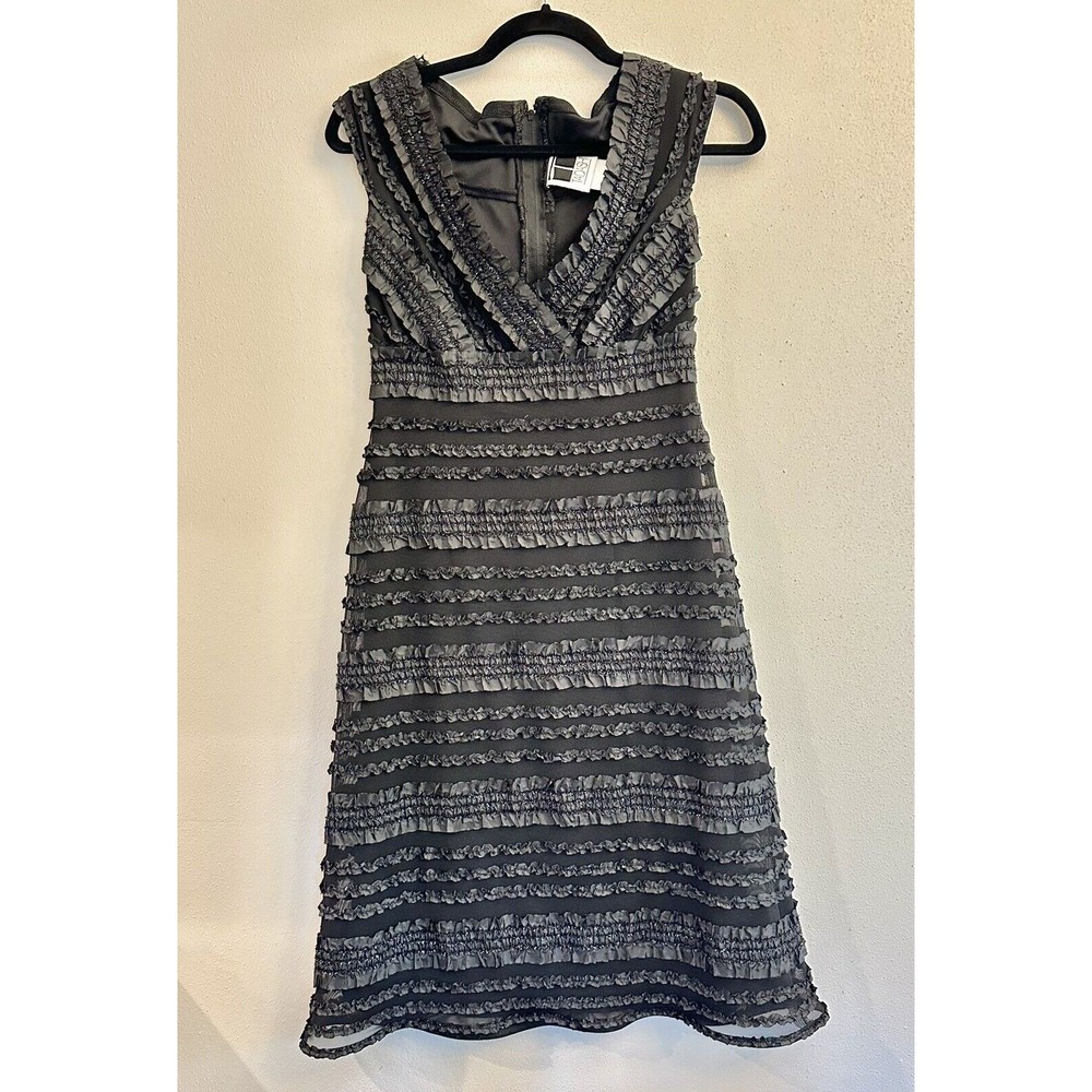 Vintage Tadashi Ruffle Black Metallic Below Knee Party Dress Size 6